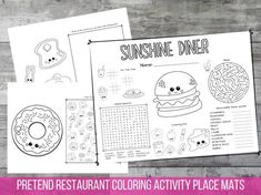 the printable restaurant coloring activity for kids is shown on top of a wooden table