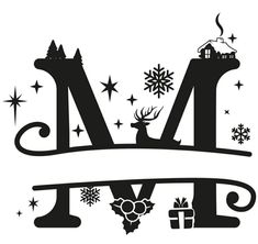 the letter m is decorated with christmas decorations and deer's head, surrounded by snowflakes