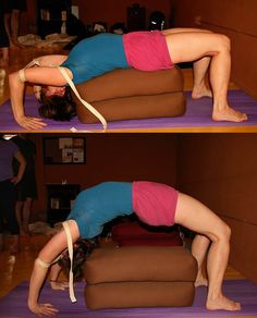 a woman doing a yoga pose on a mat in the middle of two different poses