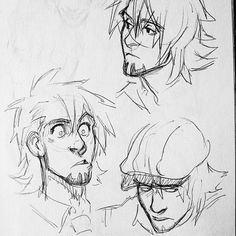 three sketches of the same person with different hair styles and facial expressions, each drawn in one point