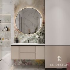 an elegant bathroom with marble walls and flooring is seen in this image, it has a round mirror above the sink