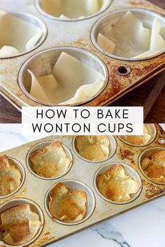 how to bake wonton cups in a muffin tin with text overlay