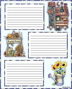 some papers with pictures and flowers on them in the shape of house, birdhouse, flower