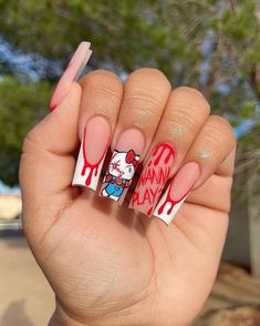 Paznokcie Hello Kitty, Hello Kitty Nail, Kitty Nail, Horror Nails, Holloween Nails, Halloween Acrylic Nails, Long Acrylic Nail Designs, Colored Acrylic Nails