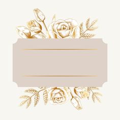 a white sign with gold foil flowers and leaves on the bottom, in front of a white background