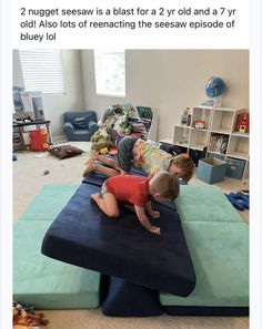 two toddlers playing on an inflatable mattress with the caption that reads, 2 nuggest selves is blast for 2 yr