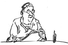 a drawing of a man sitting at a table with an object in front of him