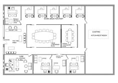 an office floor plan with several tables and chairs