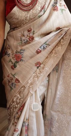 Contemporary beauty Parsi beautiful embroidery on floral printed Tussar silk saree With plain running blouse piece Enigmatic and charming Floral Sarees, Saree Women, Saree Beautiful, Floral Print Sarees, Women Saree, Floral Saree, Traditional Blouse Designs, Sarees For Women, Saree Designs Party Wear