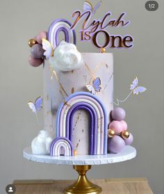 a birthday cake decorated with pastel colors and decorations