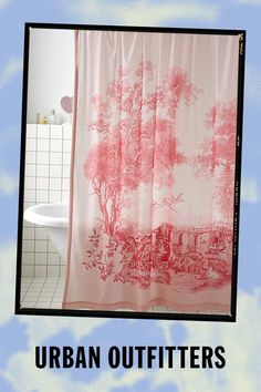 a shower curtain with the words urban outfitters printed on it