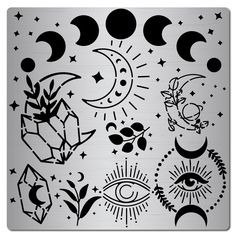 a metal plate with various symbols and stars on it, including the sun, moon, and