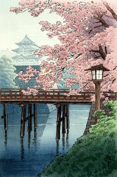 Cherry Blossoms, Japanese Art, Bridge, Cherry, Trees, Water, Art