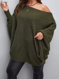 Plus Size Solid Off-Shoulder Batwing Sleeve Minimalist Casual Pullover Sweater Army Green Casual  Long Sleeve Fabric Plain Pullovers Slight Stretch  Women Plus Clothing, size features are:Bust: ,Length: ,Sleeve Length: Batwing Sleeve Sweater, Casual Pullover Sweater, Boho Rock, Comfy Jumpsuits, Plus Size Pullover, Loose Fit Sweater, Secret Closet, Long Sleeve Knitted Cardigan, Dream Outfits