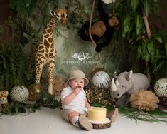 a baby sitting in front of a cake surrounded by fake animals