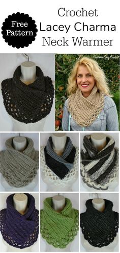 the crochet lacey charm neck warmer pattern is shown