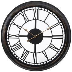 a black and gold clock with roman numerals on the face is shown against a white background