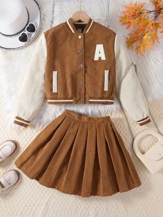 Tween Girls' 2pcs American College Street Style Casual Letter Print Corduroy Baseball Jacket & Pleated Skirt Set Multicolor     Letter  Non-Stretch  Tween Girls Clothing, size features are:Bust: ,Length: ,Sleeve Length: Brown Winter Sets With Pockets, School Uniform Sets With Long Sleeves, Cotton School Sets For Fall, Fitted School Sets For Fall, Fitted Sets For School In Fall, Preppy School Sets For Spring, Preppy Cotton Outerwear For School, College Street Style, Pleated Skirt Set