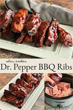 the recipe for slow cooker dr pepper bbq ribs is shown in this collage