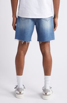 Perfectly faded cotton denim brings instant old-favorite status to shorts that are chopped off above the knees for a relaxed, easy-wearing look. 7 1/2" inseam; 25" leg opening; 12" front rise; 16" back rise (size 33) Zip fly with button closure Five-pocket style 80% regenerative cotton, 20% recycled cotton Machine wash, dry flat Imported Relaxed Fit Distressed Medium Wash Jean Shorts, Distressed Medium Wash Jean Shorts, Relaxed Fit, Ripped Relaxed Fit Recycled Denim Bottoms, Medium Wash Distressed Cotton Jean Shorts, Cutoff Faded Cotton Jeans, Distressed Medium Wash Cotton Jean Shorts, Cutoff Rigid Denim Streetwear Bottoms, Cutoff Jean Shorts In Medium Wash For Streetwear, Medium Wash Cutoff Jean Shorts For Streetwear