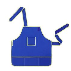 a blue apron with white trim on the front and shoulder straps, hanging from an adjustable strap