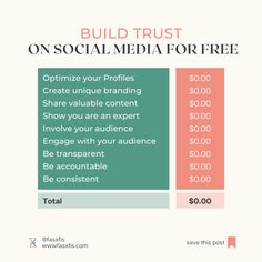 the pricing sheet for social media is shown in red, green and blue colors with text that reads build trust on social media for free