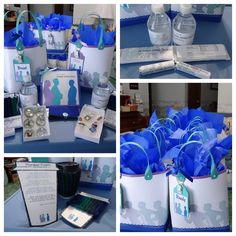 blue and white baby shower items are on display at a children's birthday party