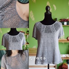 three pictures of a woman's top with crochet on it