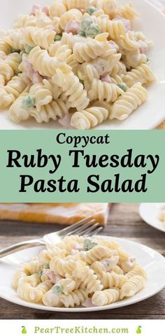 two plates filled with pasta and vegetables on top of each other, the title says copycat ruby tuesday pasta salad