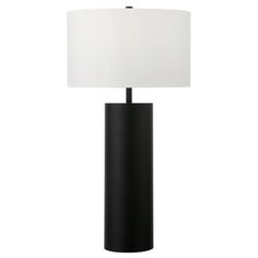 a black table lamp with a white shade on the base and a light in front of it