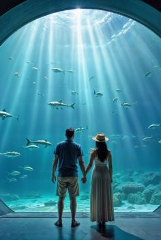 a man and woman standing in front of an aquarium looking at the fish swimming around them