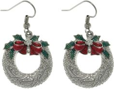 These fun holiday wreath earrings are crafted of pewter with festive enameled green holly and a red bow. These earrings dangle from stainless steel hook findings. Crafted of pewter alloy with a high polish finish Accented with red and green enamel Stainless steel hooks Earring dimensions: 22 mm wide x 42 mm long Complimentary gift box included Christmas Jewelry Diy, Wreath Earrings, Pewter Earrings, Christmas Pendant, Christmas Bead, Holiday Wreath, Holiday Earring, Jewelry Christmas, Christmas 2022