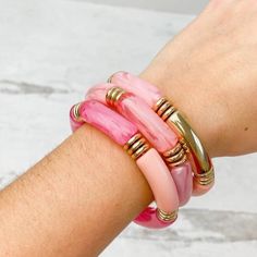 New Boutique Item Prep Obsessed Pink Acrylic Tube Stretch Bracelet Set Of 3 Mix With Other Styles, Or Stack All 3! Resin Base Metal With Gold Accents Stretch - One Size Fits Most Elegant Pink Bracelets For Beach, Adjustable Pink Stretch Bracelet For Spring, Spring Pink Adjustable Stretch Bracelet, Pink Stretch Bracelet For Beach Wear, Beach Pink Stretch Bracelet, Acrylic Bracelet, Tube Bracelet, Acrylic Tube, Pink Acrylic