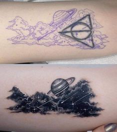 two tattoos with different designs on their arms and shoulder, one is an image of saturn and the other is a spaceship