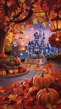 a painting of a castle surrounded by fall leaves and pumpkins in front of it