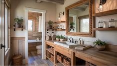 a bathroom with two sinks, mirrors and wooden shelves on the wall next to each other