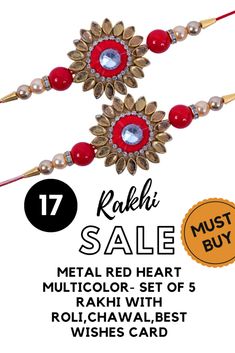 radh sale with red and white beaded necklaces on the front, and an orange