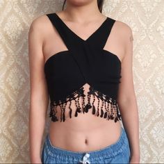 - Size Small - Brand New With Tags - Retails For $44 - Such A Fun Top, Gives Me Festival Vibes Chic Fringe Crop Top, Chic Fringe Crop Top For Spring, Chic Spring Fringe Crop Top, Black Tops With Tassels For Night Out, Black Bohemian Crop Top For Spring, Black Halter Crop Top, White Lace Crop Top, Bell Sleeve Crop Top, Sheer Crop Top