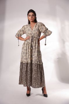 Buy block print long tier dress with shell tassels on the sleeves and front string at Kamakhyaa #kamakhyaa #maxidress #beige #blockprint #dress Shell Tassels, Tier Dress, Sustainable Clothing Brands, Womens Clothes, Clothing Stores, Printed Maxi, Sustainable Clothing, Online Clothing Stores, Printed Maxi Dress