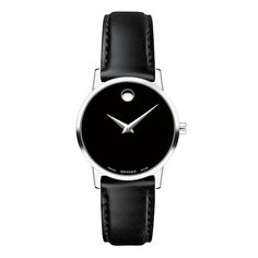 The black Museum dial of this women's watch from Movado showcases a silver-tone concave dot and hands topped by a sapphire crystal set in a 28mm stainless steel case. The women's watch features a Swiss quartz movement, water-resistance to 30 meters and the contemporary black leather strap secures with a buckle clasp. Classic Watch Women, Stainless Steel Watch Women, Sleek Watch, Black Museum, Movado Watch, Minimalist Watch, Classic Watches, Steel Watch, Stainless Steel Watch