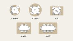 the table and chairs are arranged in four different sizes, with eight round tables on each side