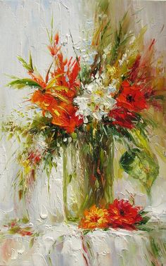 a painting of red and white flowers in a vase