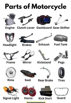 the parts of a motorcycle are shown in this graphic above it is an image of different types of motorcycles