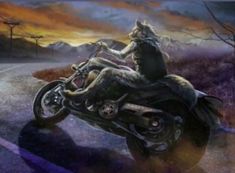 a painting of a cat riding on the back of a motorcycle in front of a sunset