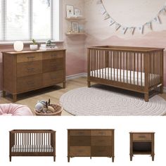 the baby crib is next to two dressers and a bed in front of a window