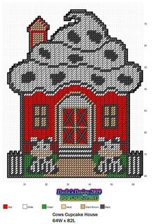 a cross stitch house with sheeps in the front and side by side on a white background