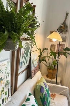 a living room filled with lots of plants and pictures on the wall next to a couch