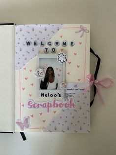 a scrapbook is decorated with an image of a woman and the words welcome to nela's scrapbook