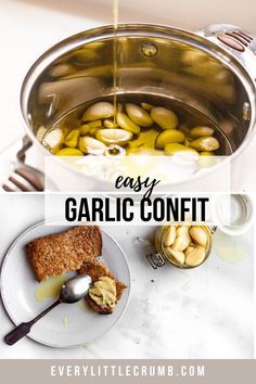 garlic confit being poured into a saucepan and served with toasted bread