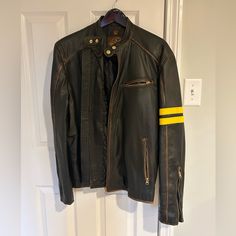 Vintage And Distressed Design. Purchased Three Years Ago And Actually Was Never Worn. Lined Full Leather Jacket All Heavy Duty Zippers Work Perfect. Sizes An Xxl But Fits More Like An Xl. Fits 44 To 45 Inch Chest. Armpit To Armpit Is 23 Inches Laying Flat. Top Of The Neck To Bottom Of The Hem Is 28 Inches. 24 And Sleeve Length From The Shoulder Stitching To The Cuff. Casual Distressed Leather Jacket With Long Sleeves, Black Distressed Fitted Leather Jacket, Fitted Black Distressed Leather Jacket, Fitted Black Distressed Outerwear, Black Distressed Long Sleeve Biker Jacket, Black Distressed Biker Jacket, Distressed Fitted Long Sleeve Leather Jacket, Black Distressed Leather Jacket, Racer Motorcycle